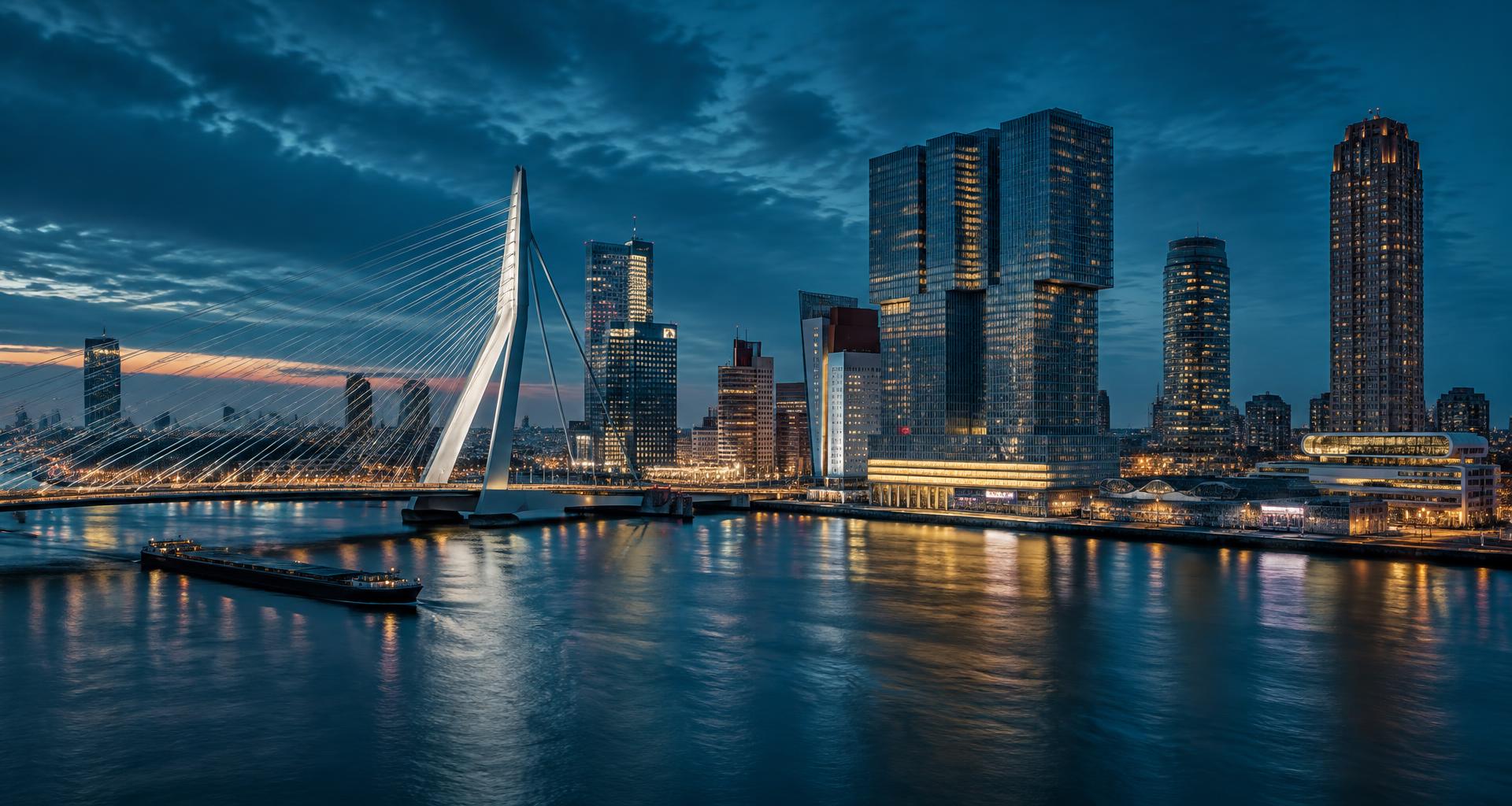 De skyline van Rotterdam met de Erasmusbrug over de Maas bij avond